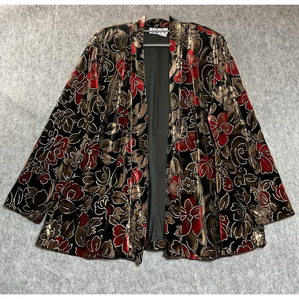 Vintage Sweater Womens XL Black Floral Shimmer Open Front Cardigan Stretch USA